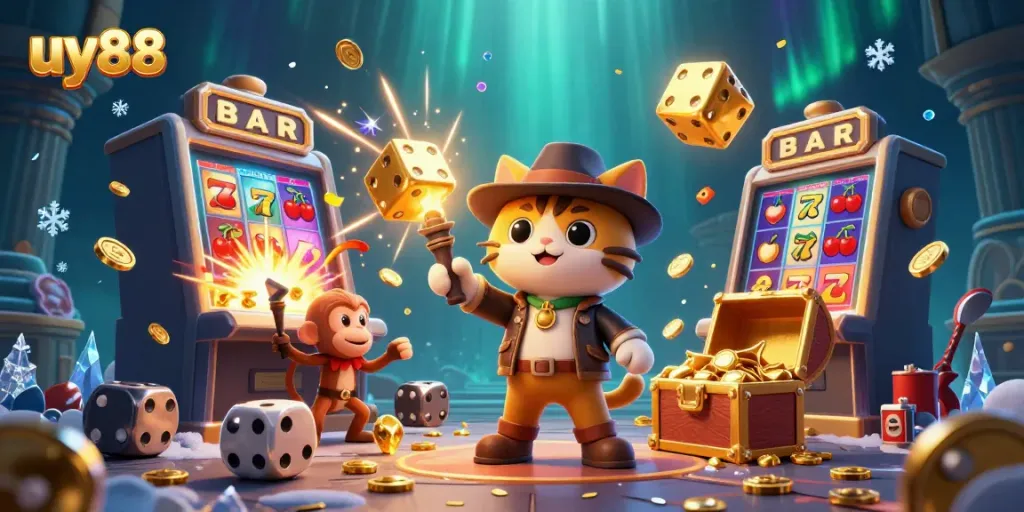 uy88 gambling adventure featuring a cat explorer and monkey companion discovering casino treasures.