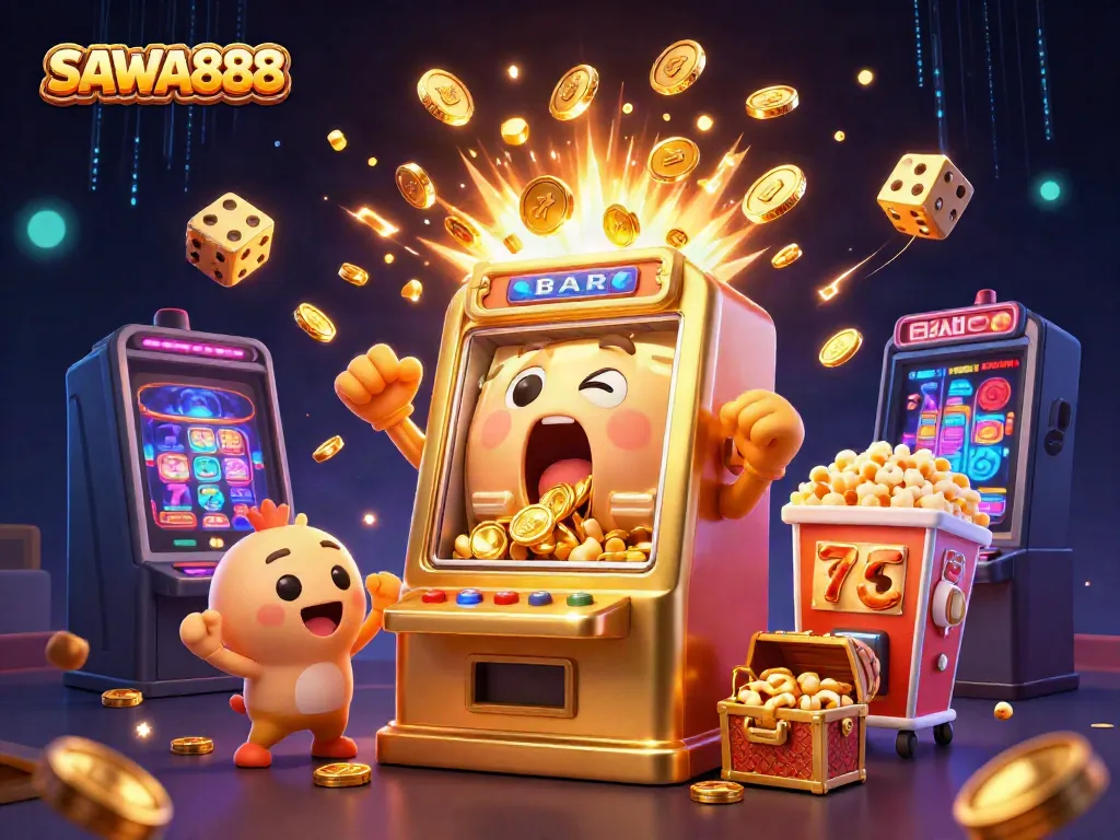 SAWA888 slot machine celebrating a jackpot with coins pouring out, baby machines cheering.