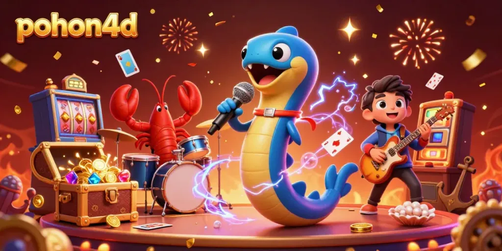 Pohon4d promotes an exciting underwater casino scene with a DJ eel and vibrant characters.