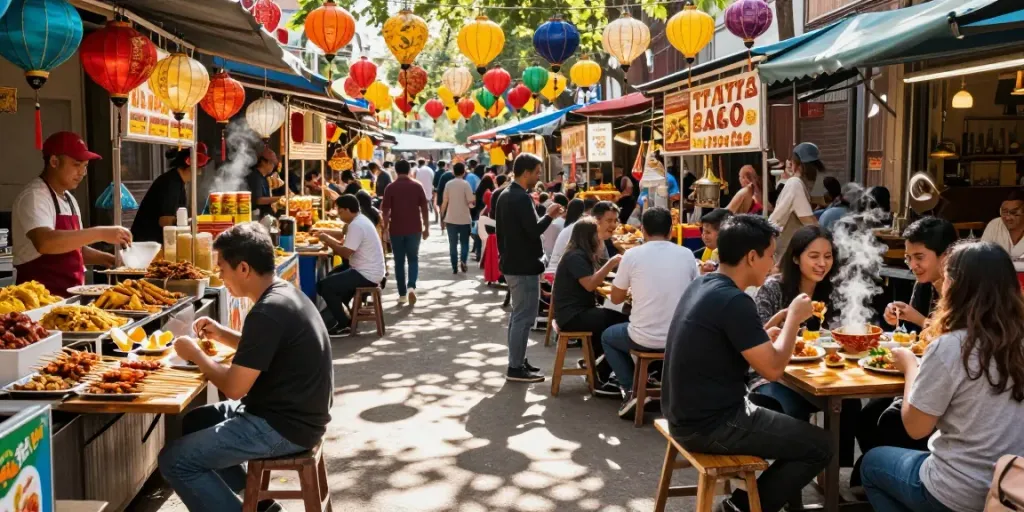Enjoying tusuk88 skewered dishes at a lively street food market.