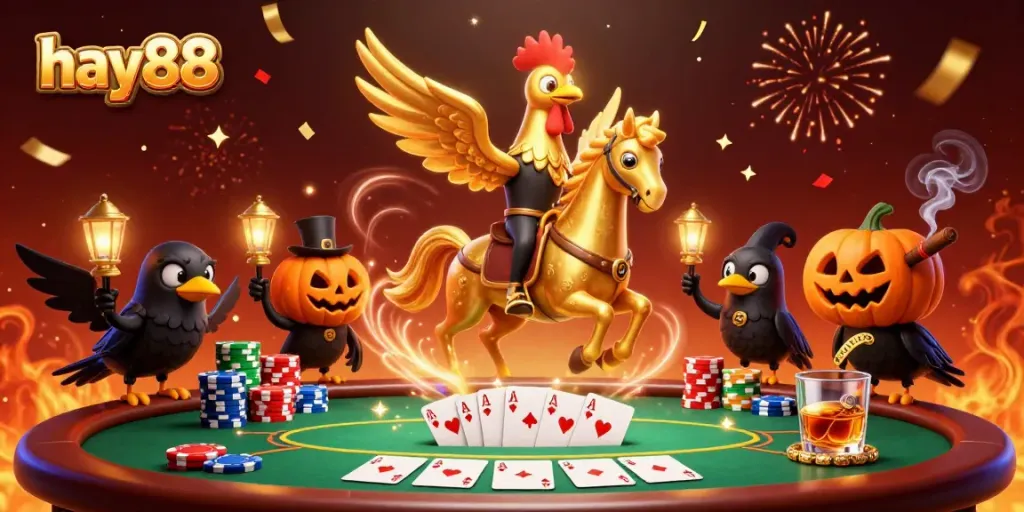 Experience the excitement of hay88 in a vibrant casino filled with colorful poker elements and a magical atmosphere.