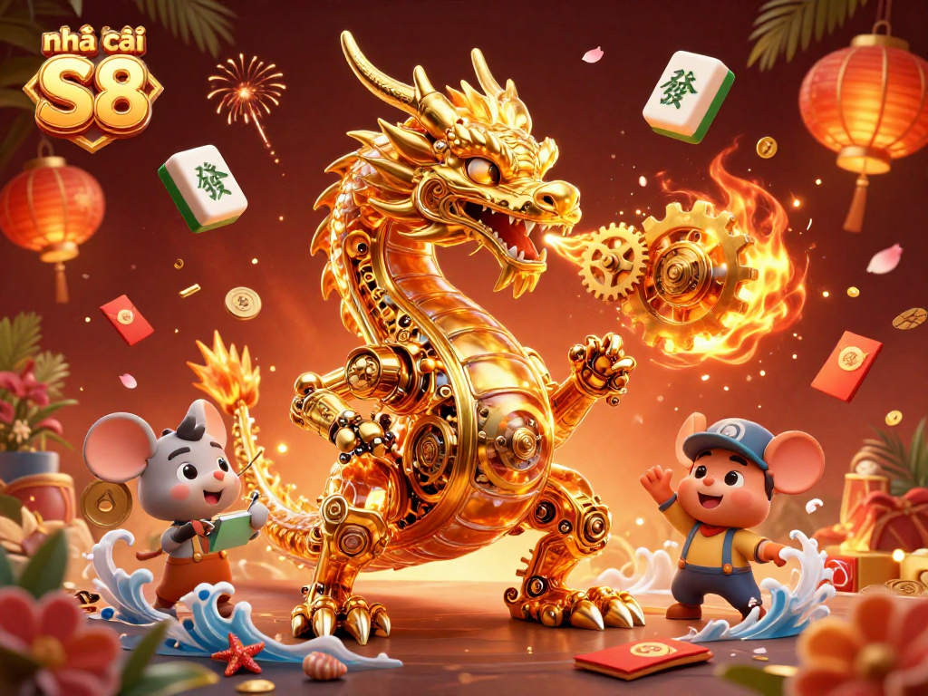 Engage with nhà cái S8's vibrant casino scene featuring a golden dragon and festive elements.