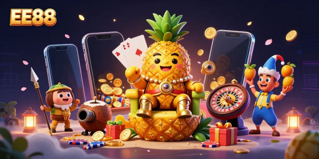 Engage in exciting adventures with EE88's vibrant 3D casino illustration featuring golden characters and dynamic gaming action.