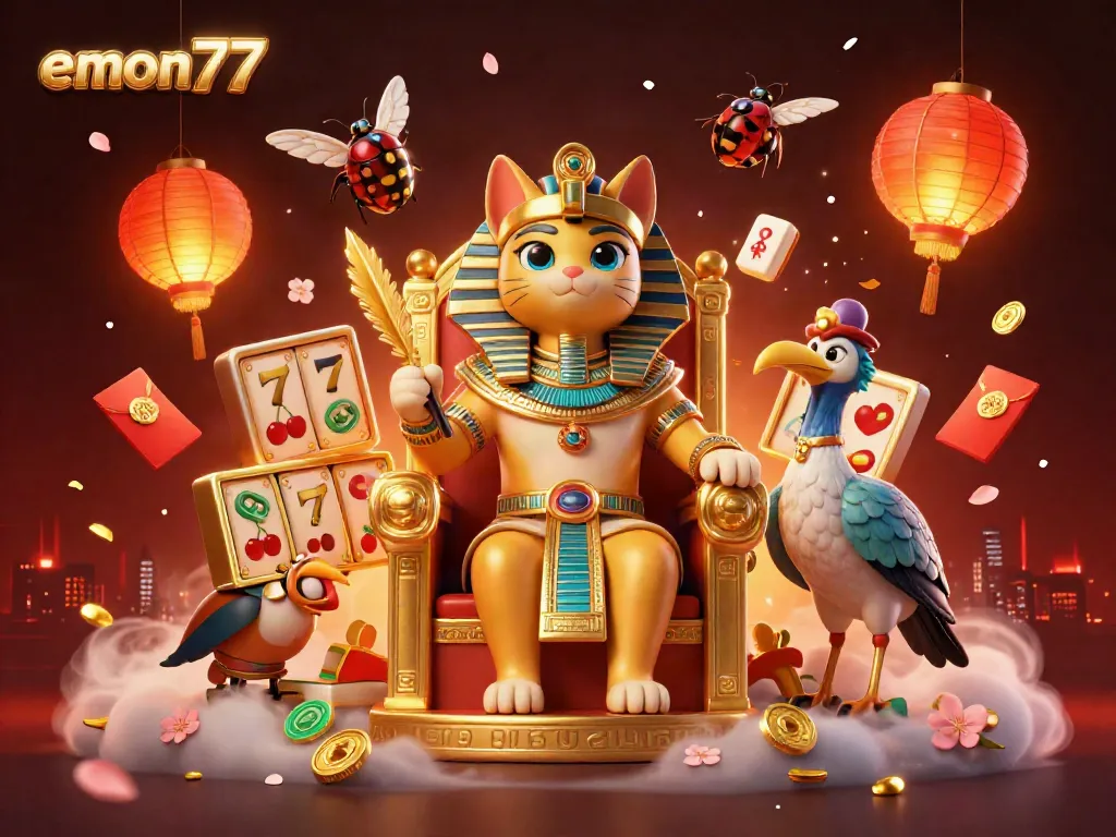 Experience thrilling gaming action with emon77, featuring a vibrant scene of a pharaoh cat and slot machines.