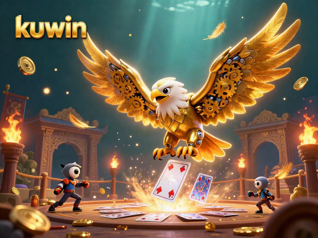 Engage with kuwin while experiencing a dynamic casino scene featuring a cybernetic eagle amid playing cards.