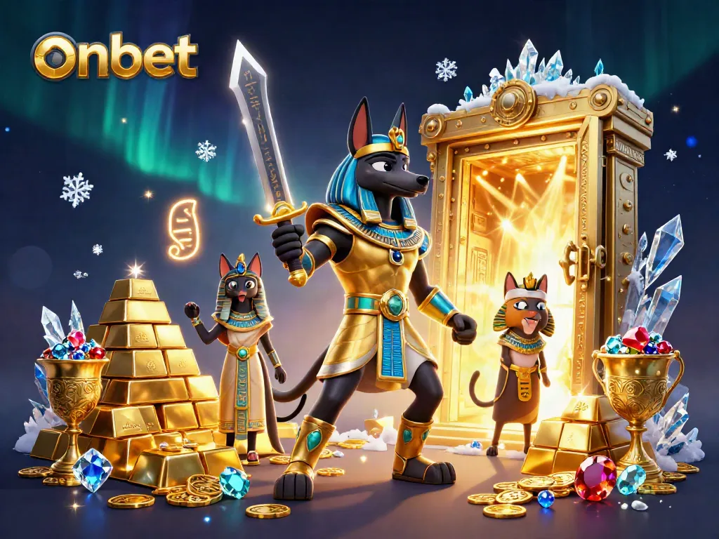 Spin and win at ONBET's thrilling casino with Anubis and Bastet amidst treasures.