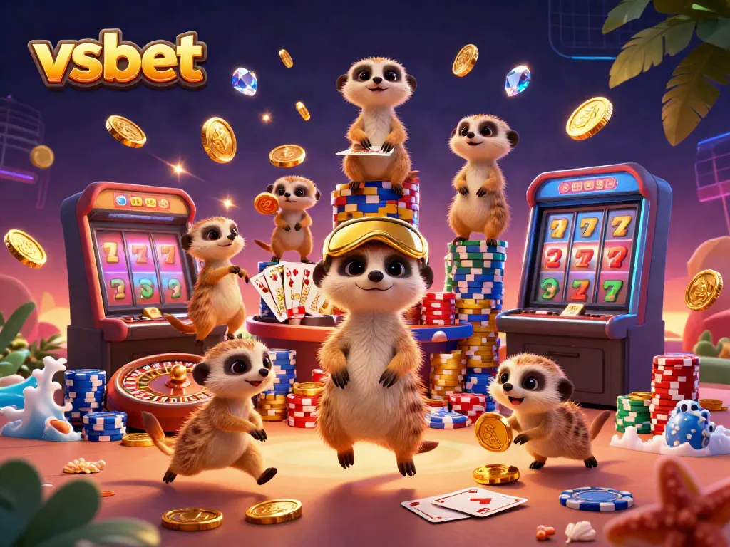 Experience vibrant excitement at vsbet with meerkats running a thrilling casino operation surrounded by sparkling gems and golden coins.