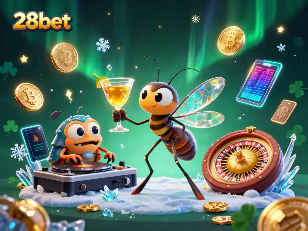 Experience the vibrant world of 28bet with a lively casino mascot and cryptographic elements!