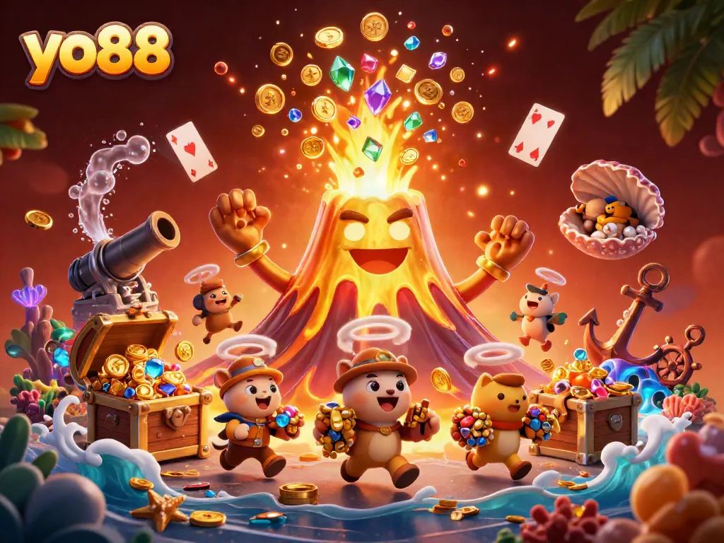 Experience thrilling action with yo88 as golden treasures erupt from a volcano in this vibrant 3D illustration.