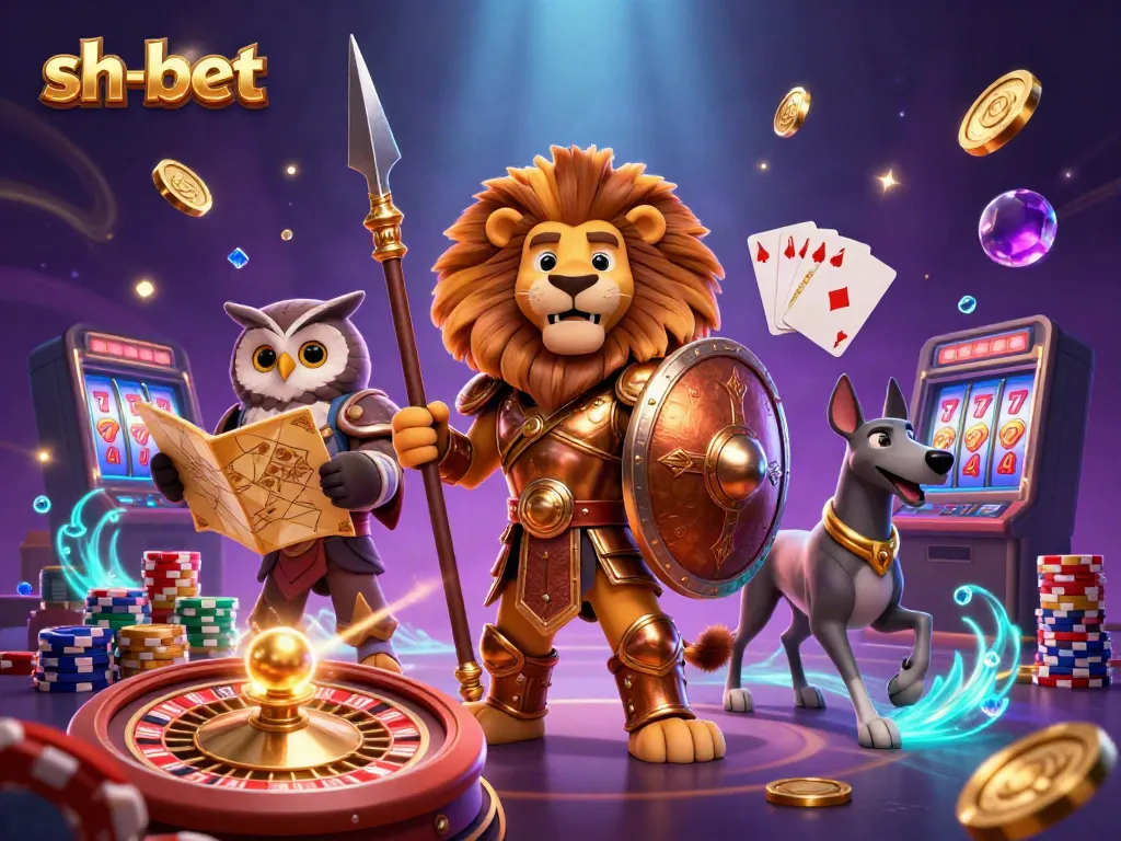 Experience thrilling gaming with sh-bet featuring a Spartan lion, owl strategist, and greyhound amidst dazzling casino elements.