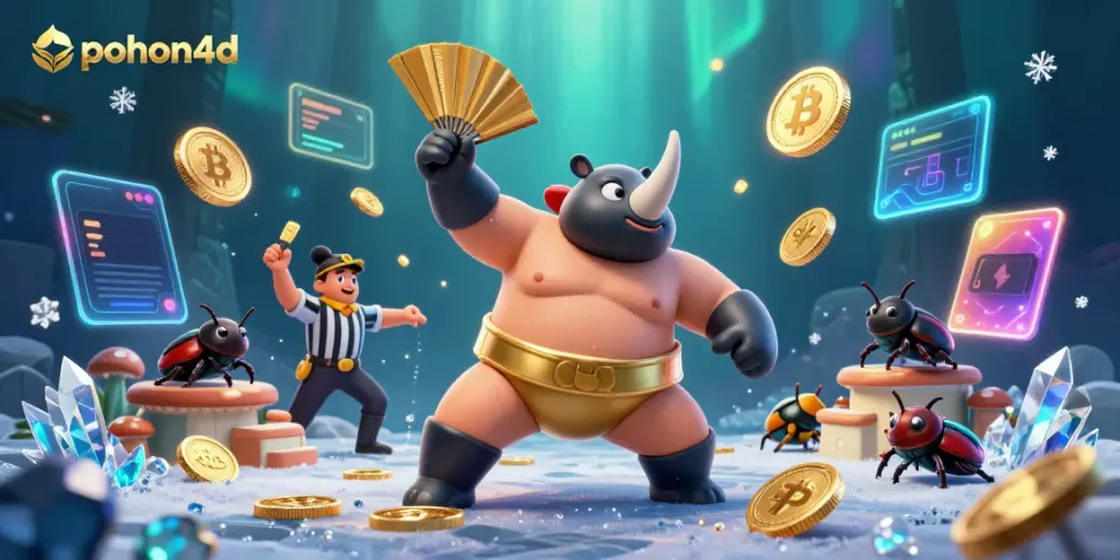 Watch the rhinoceros beetle sumo champion stomp golden coins in a vibrant pohon4d online casino scene.