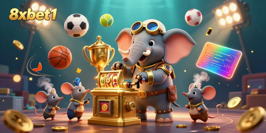 Experience excitement at 8xbet1 with animated steampunk characters and dynamic sports-themed elements.