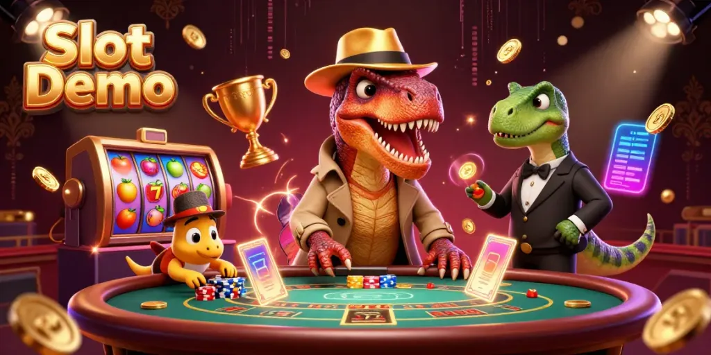 Experience Slot Demo thrills with unique 3D characters at a vibrant casino table.