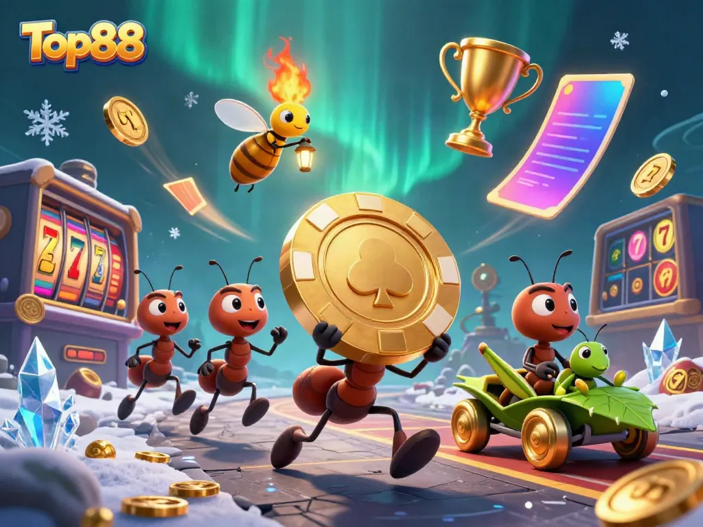 Experience the thrill with Top88 as animated ants carry a giant poker chip through a vibrant casino scene.