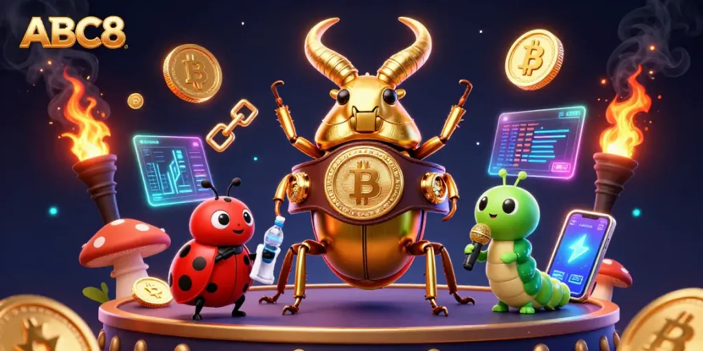 Engage with the colorful ABC8 casino scene featuring a boxing beetle and vibrant game elements.
