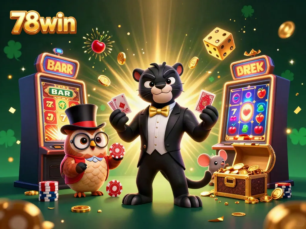 Experience a thrilling casino scene as 78win characters revel in games of chance with vibrant elements.