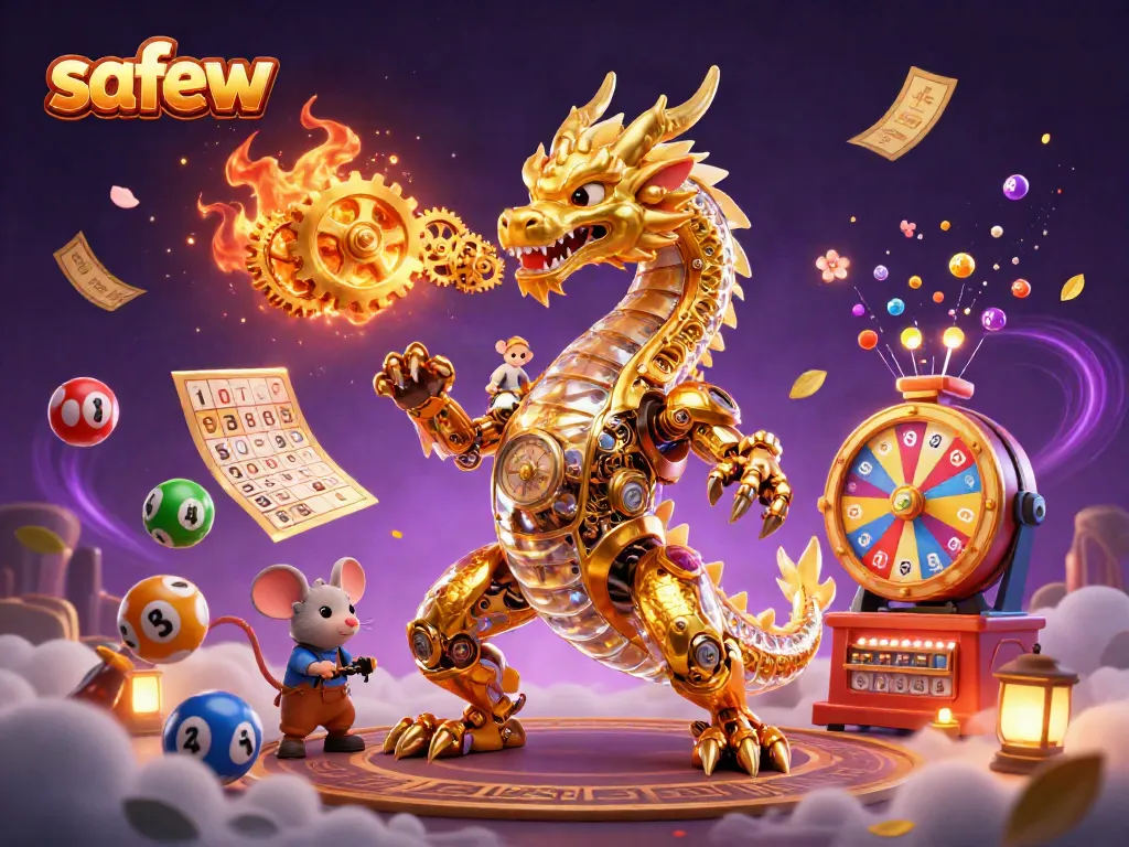 Engage with safew in a vibrant 3D casino universe of games, gold, and animated lottery elements.