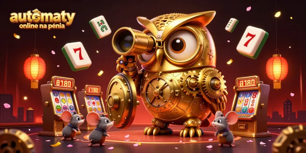 Enjoy a fun game of automaty online na pieniądze as a clockwork owl scans casino floor amid vibrant cherry blossoms.