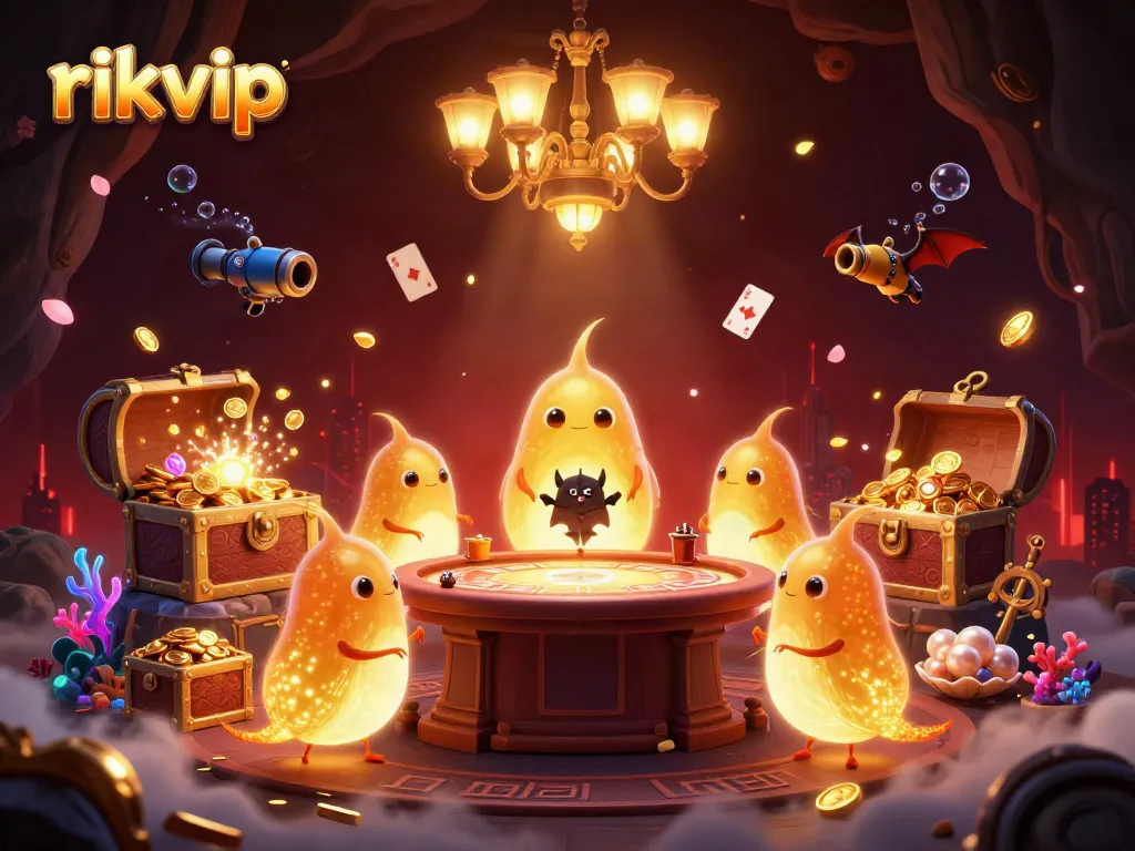 Engage with rikvip's dynamic gambling scene featuring glowworms lighting up a cave casino.
