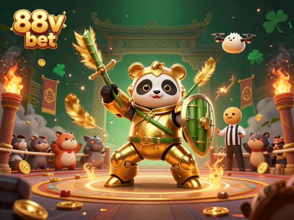 Engage with the thrilling 88v bet gaming scene featuring a panda robot amidst a vibrant casino arena.