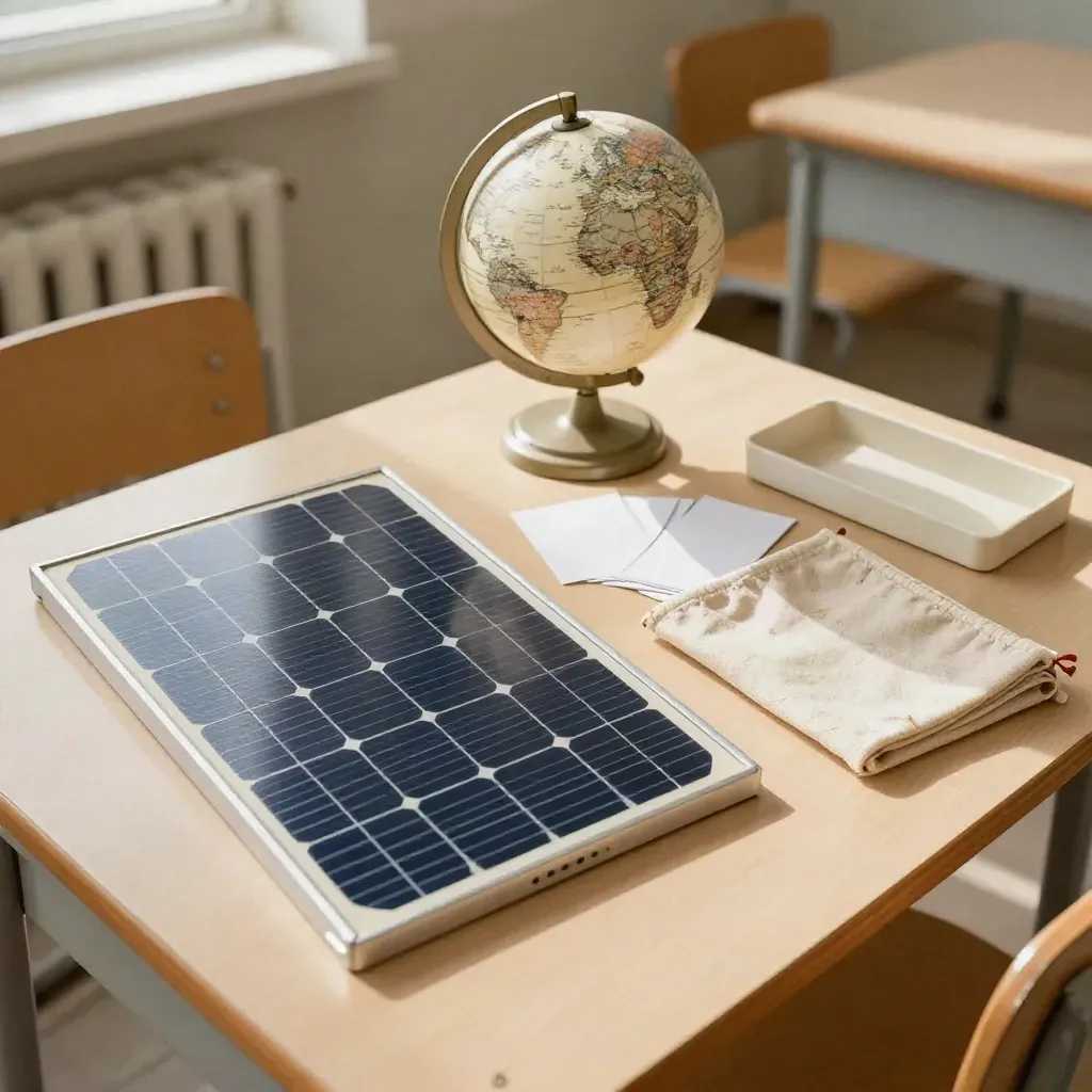 Zestaw do lekcji o energii słonecznej na szkolnej ławce, z mini panelem i globusem.