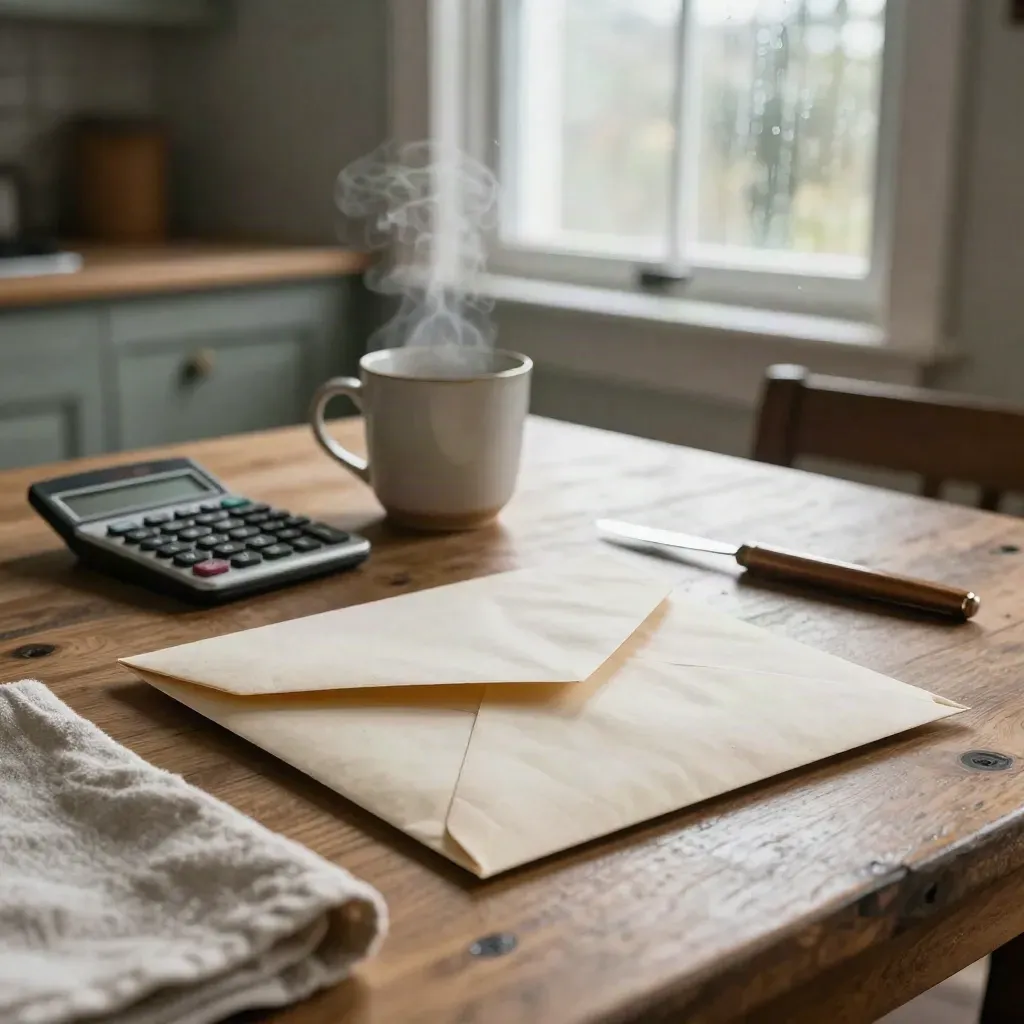 Koperta z rachunkiem, kalkulator, kubek i ściereczka na kuchennym stole w miękkim świetle.