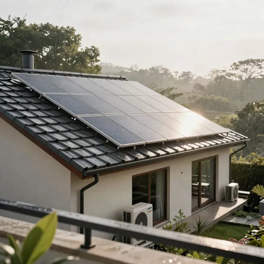 Dach domu z rozległą instalacją PV i pompą ciepła po deszczu, widok z tarasu.