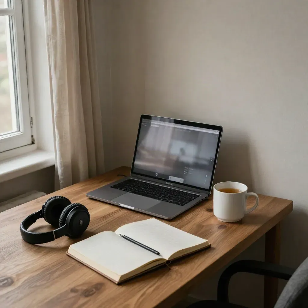 Widok z narożnika na biurko do webinaru z laptopem, słuchawkami, notesem i białym kubkiem.
