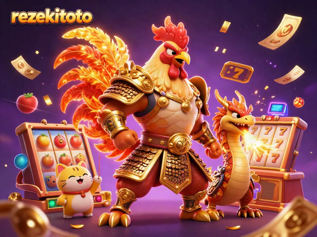Experience thrilling gambling at rezekitoto with a powerful rooster warrior and dragon amidst dynamic casino elements.