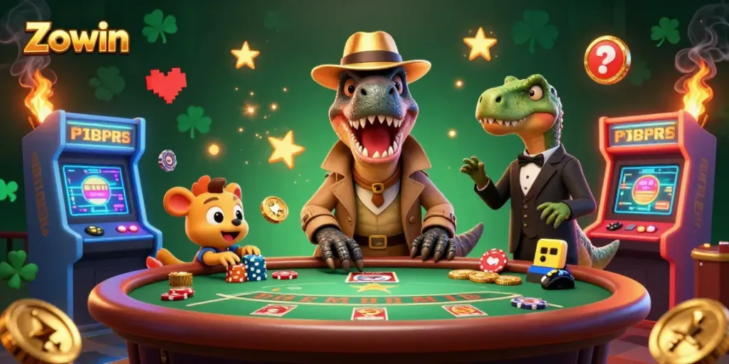 Zowin illustratively showcases a velociraptor countering cards at a vibrant gaming table.
