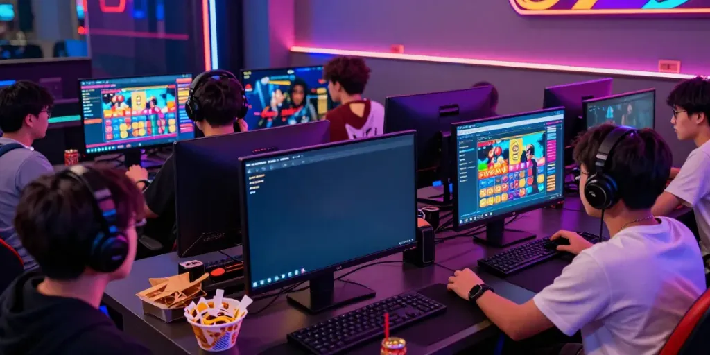Players participating in an exciting davo 88 togel online session, surrounded by vibrant gaming graphics and lively interaction.