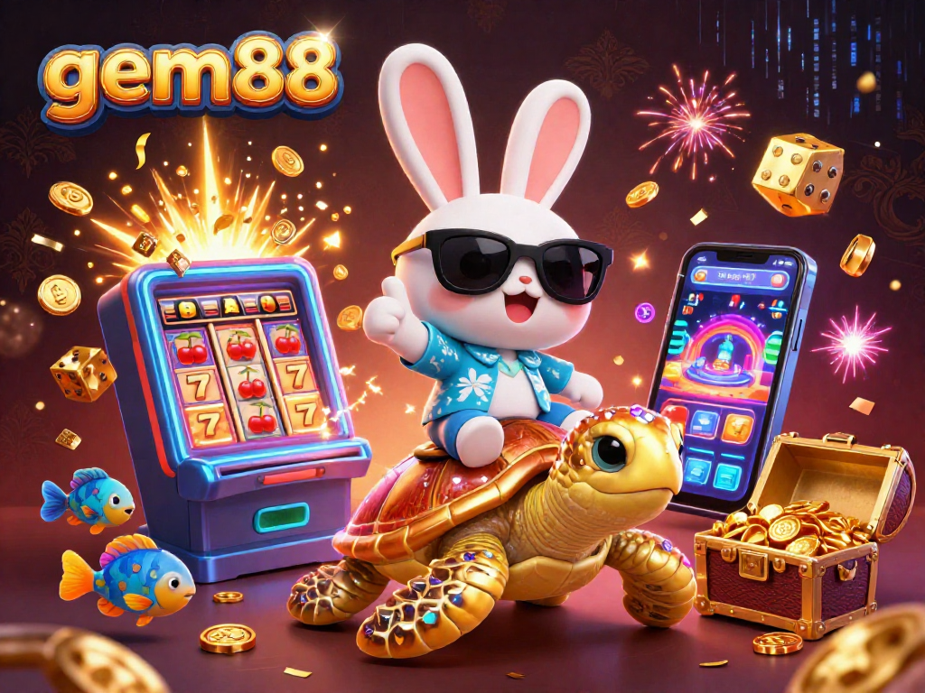 Experience thrilling wins with gem88's vibrant gaming scene featuring a lucky rabbit amid dazzling slot machines.