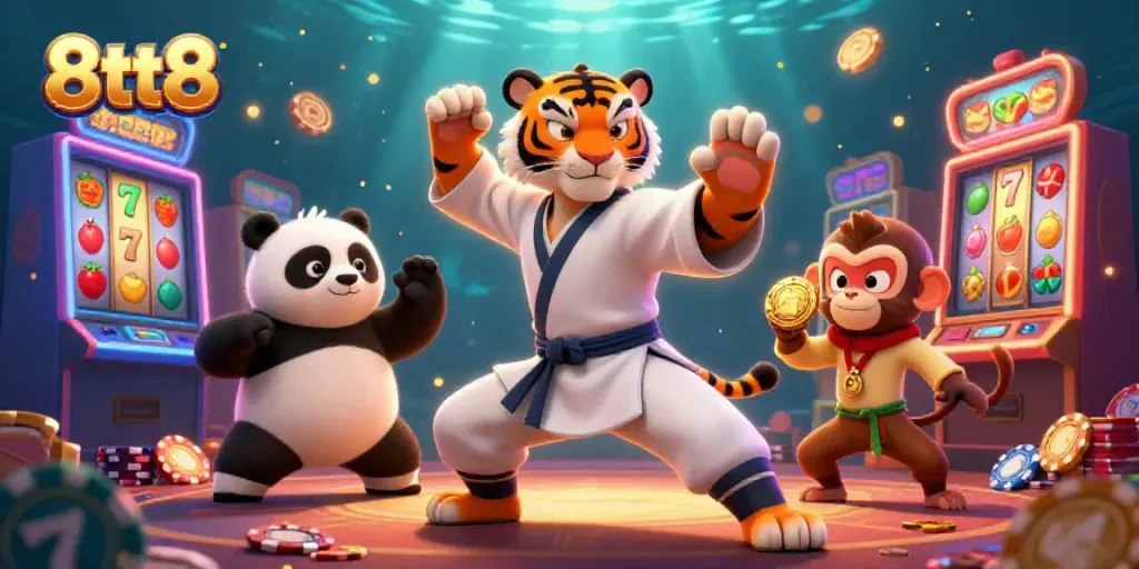 Engage with 8tt8 through dynamic cartoon casino characters amidst vibrant slot game elements.