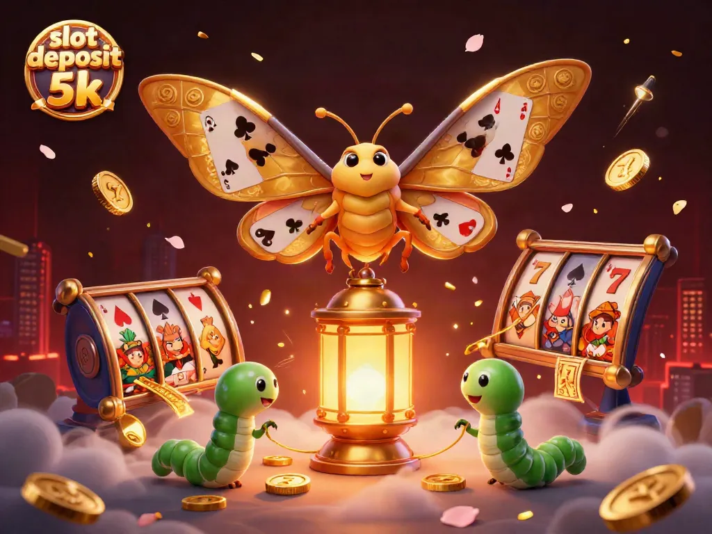 Slot deposit 5k dalam ilustrasi kasino dengan simbol keberuntungan dan elemen emas yang kaya.