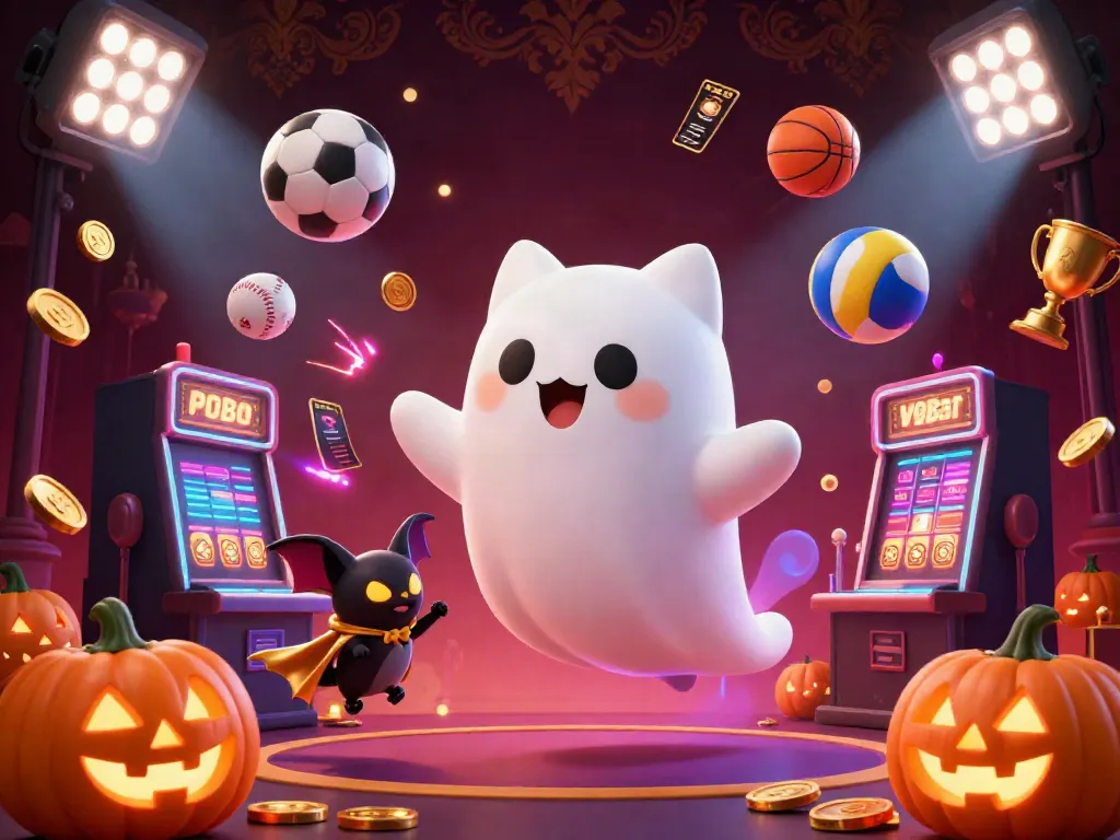 Experience thrilling gaming action at V9Bet with a ghost cat and vampire bat in a vibrant casino scene.