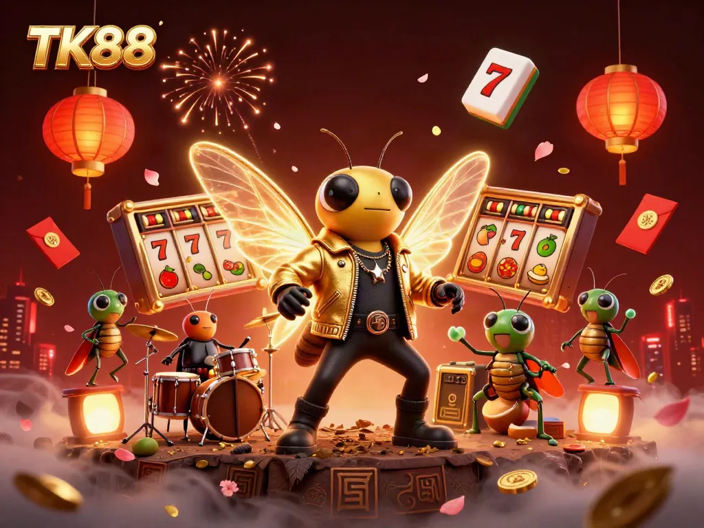 Experience the excitement of TK88 with a vibrant casino scene featuring animated characters and festive elements.