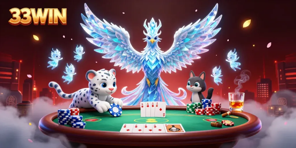 Win big with 33WIN in this vibrant 3D casino scene featuring a phoenix, poker elements, and magical sprites.