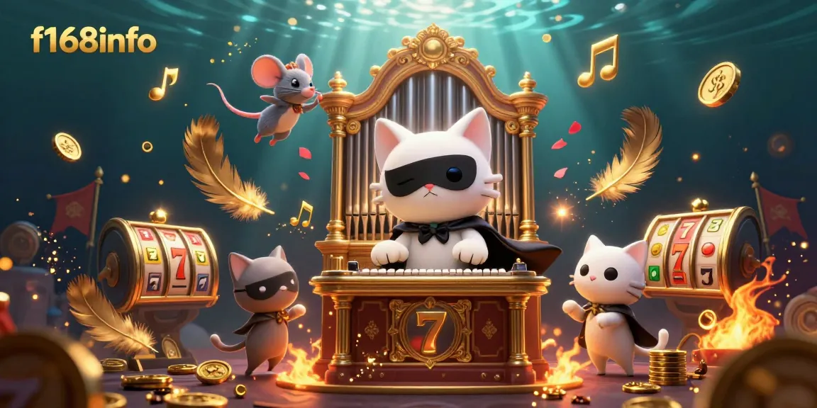 Experience gambling excitement with f168info as a cat pianist entertains in a vibrant casino scene.