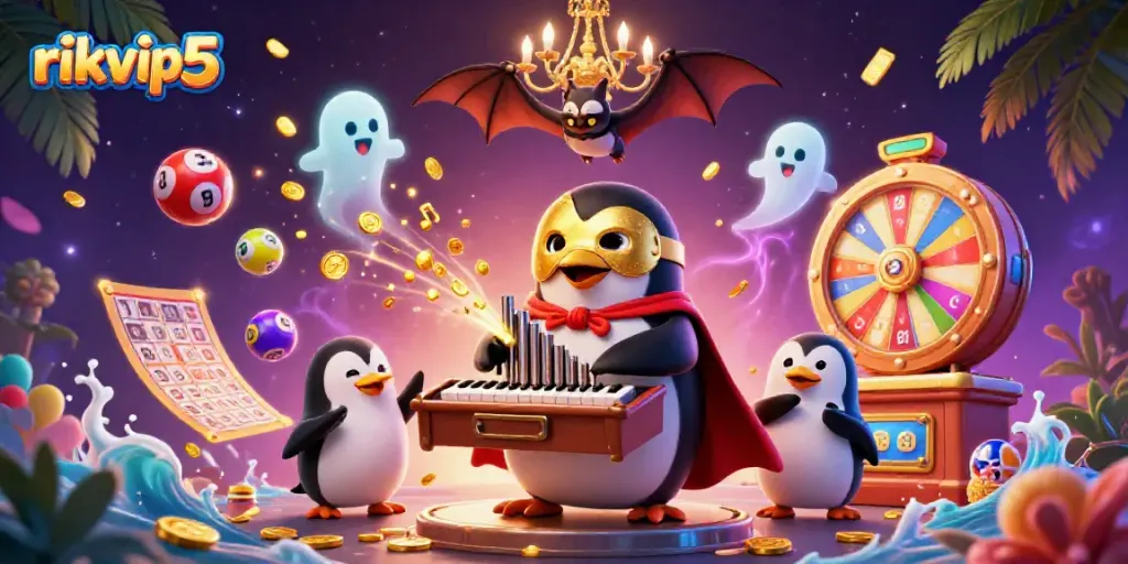 Engage in dynamic gameplay at rikvip5 with vibrant illustrations of a penguin maestro and colorful gaming elements.