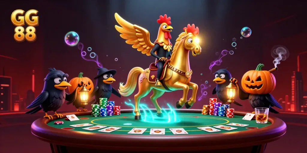 Experience the thrilling world of GG 88 with a golden rooster and friends in a bustling casino scene.
