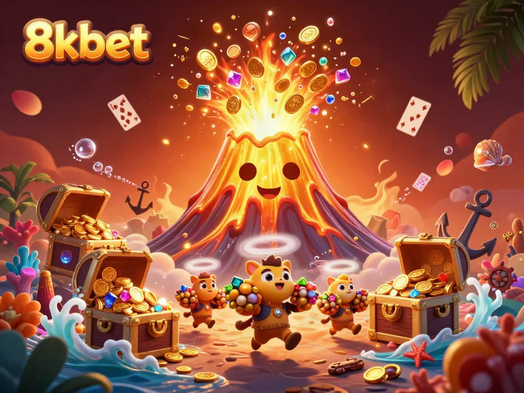 Experience the excitement of 8kbet with an explosion of treasures and jubilant characters in a fiery casino atmosphere.