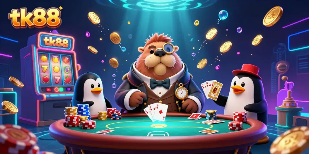tk88's jolly walrus and friends play underwater poker while golden coins and gems scatter around