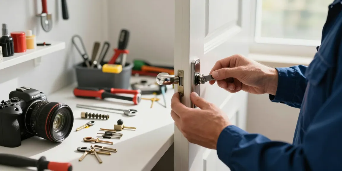 Lock Rekey Raleigh - Locksmith expertly rekeying a door lock in a bright workshop.