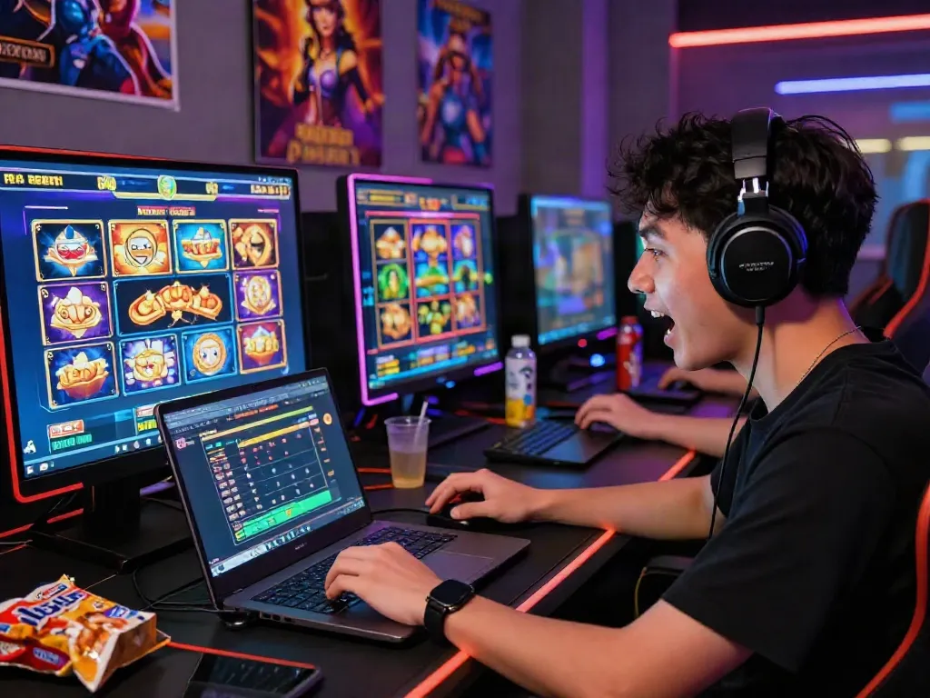 Exciting slot gaming scene with a player immersed in gameplay.