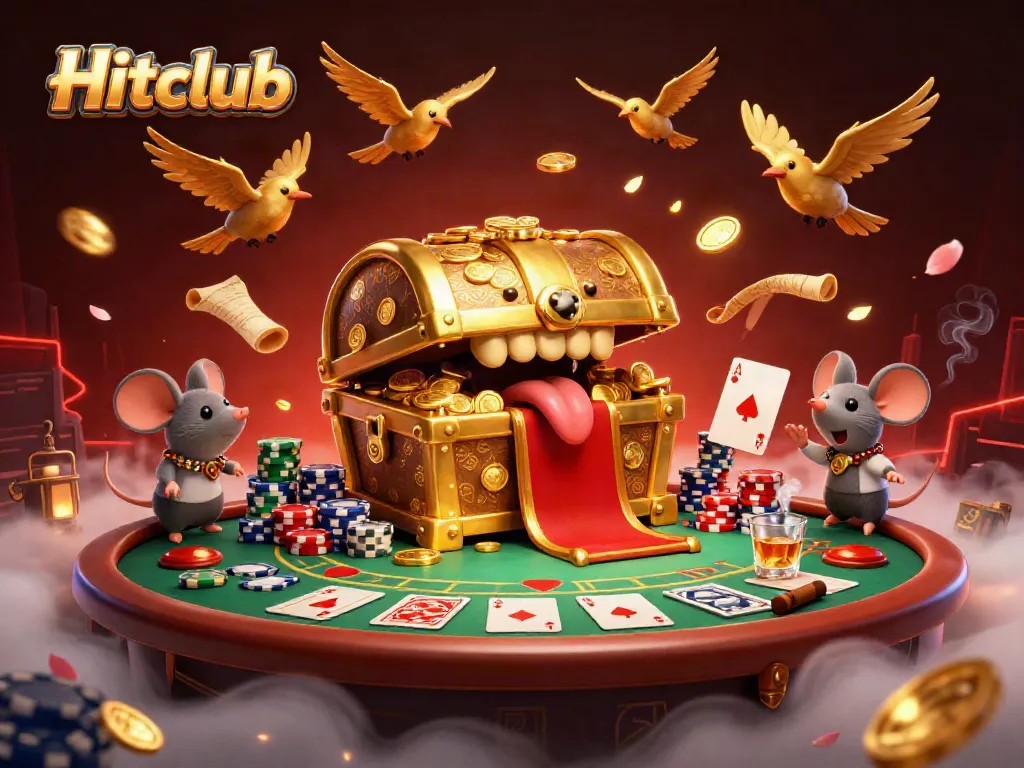 Engaging scene of Hitclub featuring a treasure chest mimic enticing mice with poker elements.