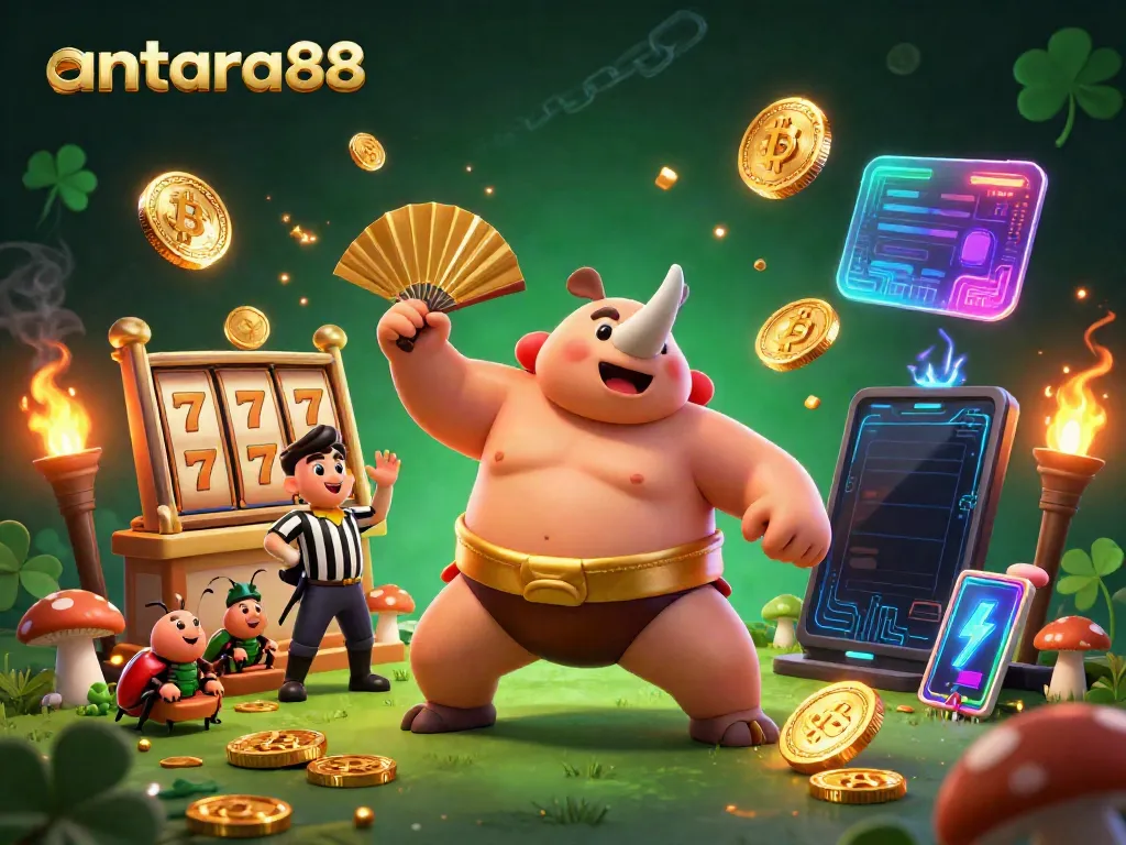 Experience big wins with antara88 as a beetle champion stomps coins while surrounded by colorful casino elements.