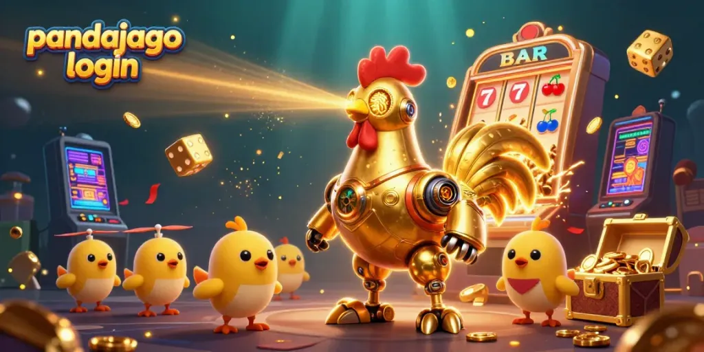 Mengakses pandajago login pada ilustrasi 3D dengan karakter ayam robot berkilau, mesin slot, dan simbol permainan.