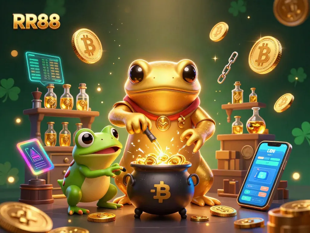 RR88 brings excitement with a golden crusader and crypto coins in a vibrant casino scene.