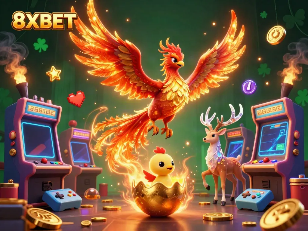 Experience winning with 8XBET illustrated in a vibrant fantasy casino scene featuring dynamic characters.