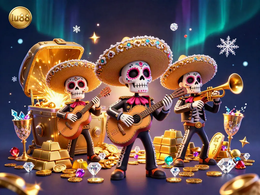 Experience the thrill of winning at lu88 with vibrant 3D casino characters and golden treasure.